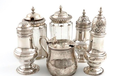A mixed lot of silver cruets, various dates and makers, comprising: a Victorian mustard pot, by George Fox, London 1864, baluster form, engraved decoration, scroll handle, with a blue glass liner, a George III baluster pepper pot, London 1763, a...