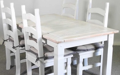 A modern white painted dining table, together with a set...