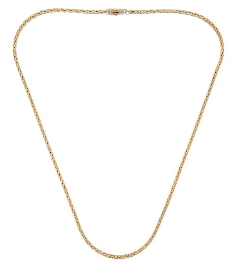A neckchain of fancy flattened link design, stamped 14k, approx. length 57cm