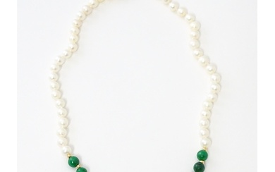 A necklace of jade beads and pearls with 14ct gold clasp. Ap...