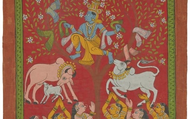 A painting of Krishna observing the bathing Gopis, 17th century; Gujarat, India