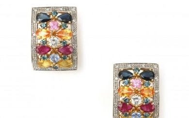 A pair of 18 karat gold sapphire and diamond earrings. A rectangular design featuring pear, and round cut coloured sapphires and brilliant cut diamonds along the borders. Gross weight: 19.5 g.