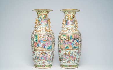 A pair of Chinese Canton famille rose vases with palace scenes and floral design, 19th...