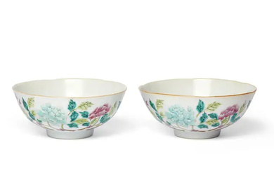 A pair of Chinese famille rose 'peony' bowls Republic period, apocryphal Tongzhi...