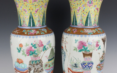 A pair of Chinese famille rose porcelain vases, late 19th century, each swollen cylindrical body pai