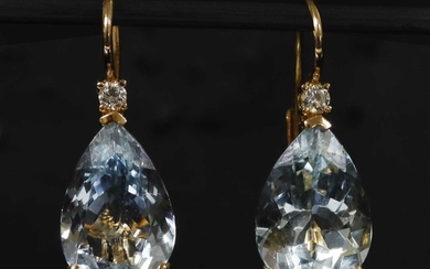 A pair of Italian gold aquamarine and diamond drop earrings
