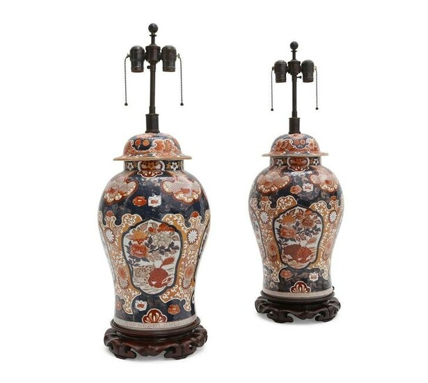 A pair of Japanese Imari porcelain jar lamps
