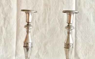 A pair of antique candlesticks - Hand Chased / Engraved - Museum Quality - .800 silver - Johann Carl Wilhelm Spiess - Germany - Early 19th century