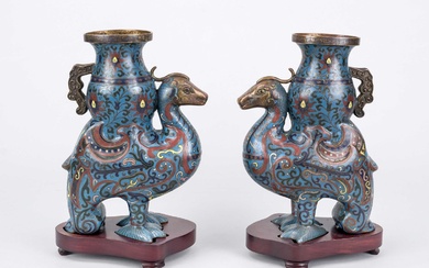 A pair of cloisonné phoenix vases, C