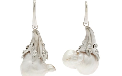 A pair of pearl and diamond ear pendants each set with a cultures South Sea pearl and numerous brilliant-cut diamonds, mounted in 18k white gold. L. 5.2 cm. (2)