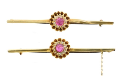 A pair of ruby and diamond brooches