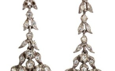 A pair of silver and paste earrings, of tapering foliate design, set with colourless paste, stamped sil, two pastes deficient