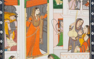A palace scene, perhaps from the Ramayana, with a maiden...
