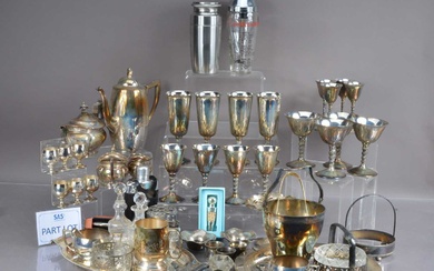 A quantity of silver plated and metal barware and serveware