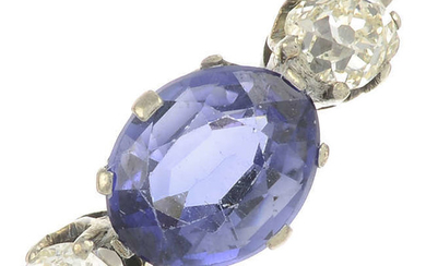 A sapphire and old-cut diamond three stone ring.