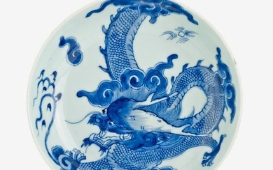 A small Chinese blue and white porcelain dragon plate