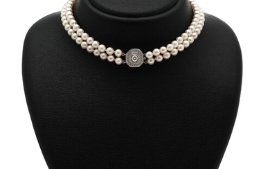 SOLD. A two-strand pearl necklace set with numerous pearls and a clasp set with numerous diamonds, mounted in 18k white gold. L. app. 37 cm. – Bruun Rasmussen Auctioneers of Fine Art