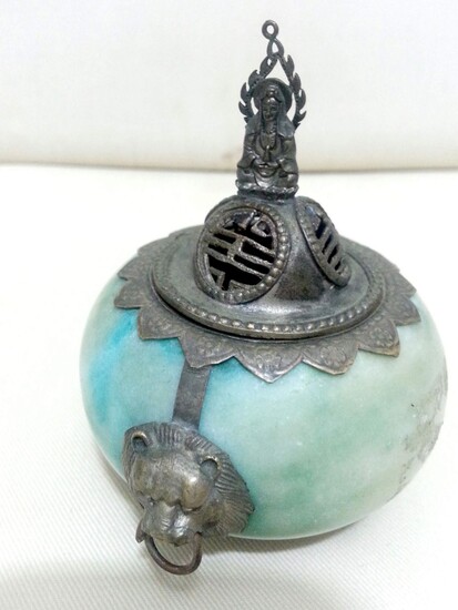A very rare miniature bluish jade and bronze tripod...
