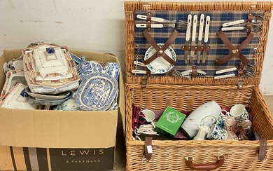 A vintage picnic basket and box of miscellaneous ceramics.A vintage...