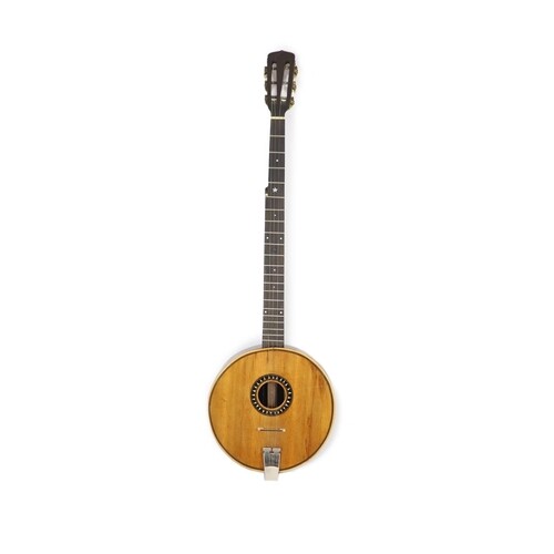 A wooden banjo nut to bridge 27 inches, 21 frets, with label...