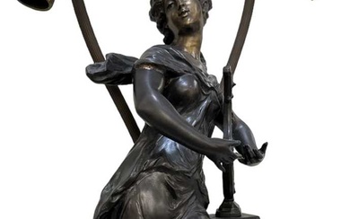 AFTER AUGUSTE MOREAU; a bronze figural two branch table lamp...