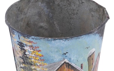 AMERICAN LANDSCAPE TOLE PAINTED TIN BUCKET SIGNED