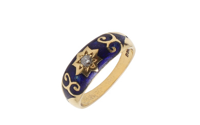 AN 18CT GOLD, DIAMOND AND BLUE ENAMEL RING.