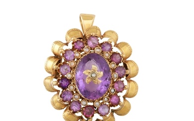 AN ANTIQUE AMETHYST AND PEARL BROOCH, the central amethyst t...