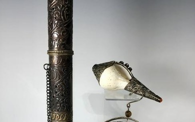AN ANTIQUE CHINESE TIBETAN SILVER CONCH SHELL, AN INCENSE BURNER AND AN INCENSE HOLDER