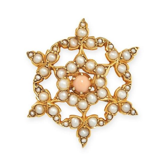 AN ANTIQUE CORAL AND PEARL BROOCH, 19TH CENTURY in 15ct