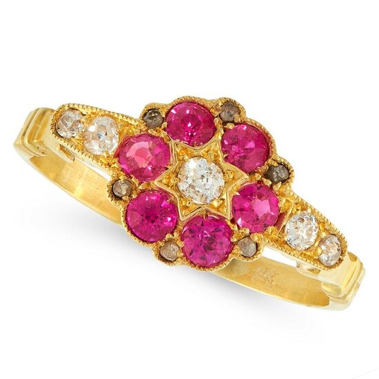 AN ANTIQUE RUBY AND DIAMOND DRESS RING in yellow gold