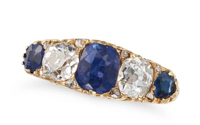 AN ANTIQUE SAPPHIRE AND DIAMOND FIVE STONE RING in 18ct yellow gold, set with a row of alternatin...