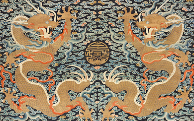 AN EXCEPTIONALLY LARGE IMPERIAL SILK KESI 'DOUBLE-DRAGON' WALL HANGING Qianlong