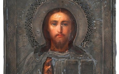 ANTIQUE RUSSIAN ICON LORD ALMIGHTY IN SILVER RIZA
