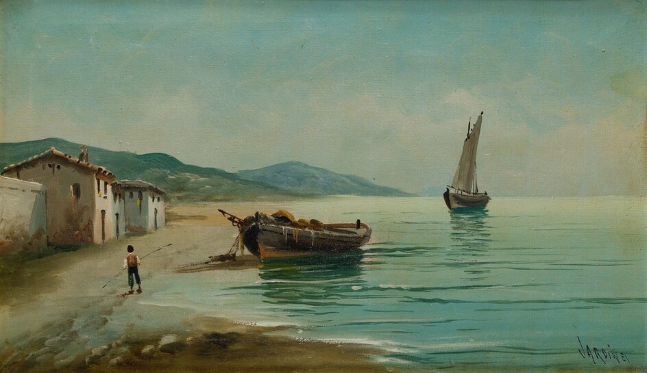 ANTONIO JARDINES (1898 / .), Paisaje costero" y "Pasiaje con lago y casa