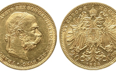 AUTRICHE. François-Joseph (1848-1916). 20 Kronor 1894. Au (6,77 g). SPL. Collier.
