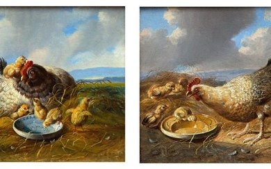 Albertus Verhoessen (1806-1881), Them with chicks (a pair),...
