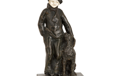 ~Alfred JOREL (1860-1927) Sculpture en chryslphantine, reprsentant Gavroche et chien,...