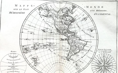 America, Map - Canada, USA, Mexico, Brazil, South America, North America; Rigobert Bonne - Mappe Monde sur le plan d'un méridien / Hémisphère Occidental - 1781-1800