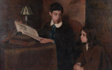 American School Early 20th Century, Interior Scene of a Young Boy Reading to a Young Girl, oil on