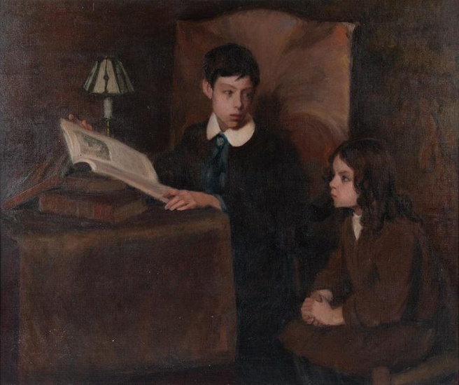 American School Early 20th Century, Interior Scene of a Young Boy Reading to a Young Girl, oil on