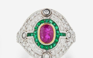 An 18K White Gold, Ruby, Emerald, and Diamond Ring No-Heat Burmese 2.05 Carat Ruby, GIA Certified