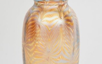 An Art Nouveau Loetz Phaenomen iridescent glass vase, shouldered cylindrical form with collar rim, surface decorated with golden lustre unsigned, 12cm. high