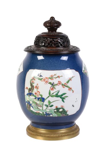 An Edme Samson powder-blue ground and gilt-metal mounted ovoid vase in the famille verte style and a