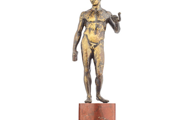 An Italian patinated bronze model of a young standing faun...