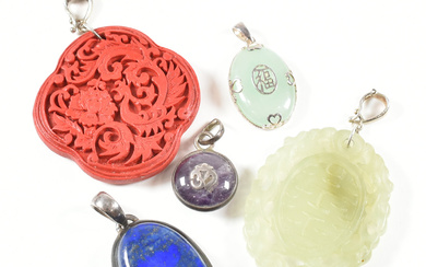 An assorted collection of 925 silver necklace pendants. The lot to include a rounded amethyst cabochon with Ohm symbol to front, oval cut blue lapis lazuli pendant, simulated red cinnabar depicting a phoenix & flower, an oval pale green jade cabochon...