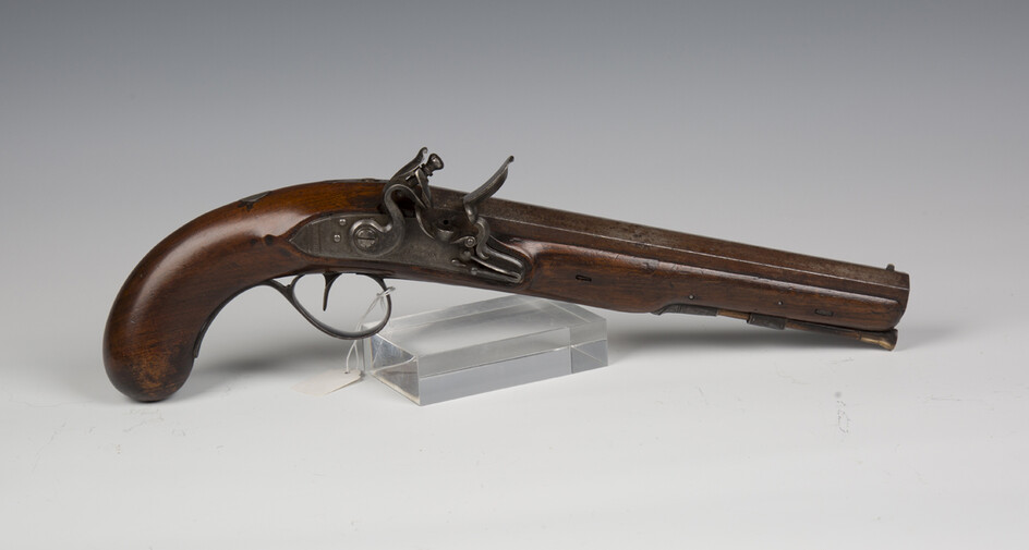 An early 19th century flintlock pistol by Dutton with octagonal barrel, length 24cm, full-stocked wi