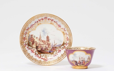 An early Meissen porcelain tea bowl and saucer with merchant navy scenes