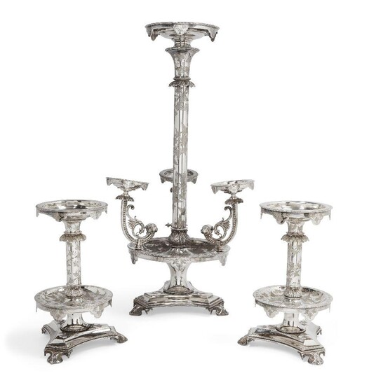 An impressive silver plated three part table centrepiece, comprising: a...