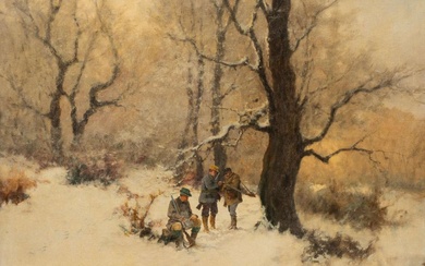 Antal Neogrady (Hongaars, 1861-1942), Winterlandschap met jagers